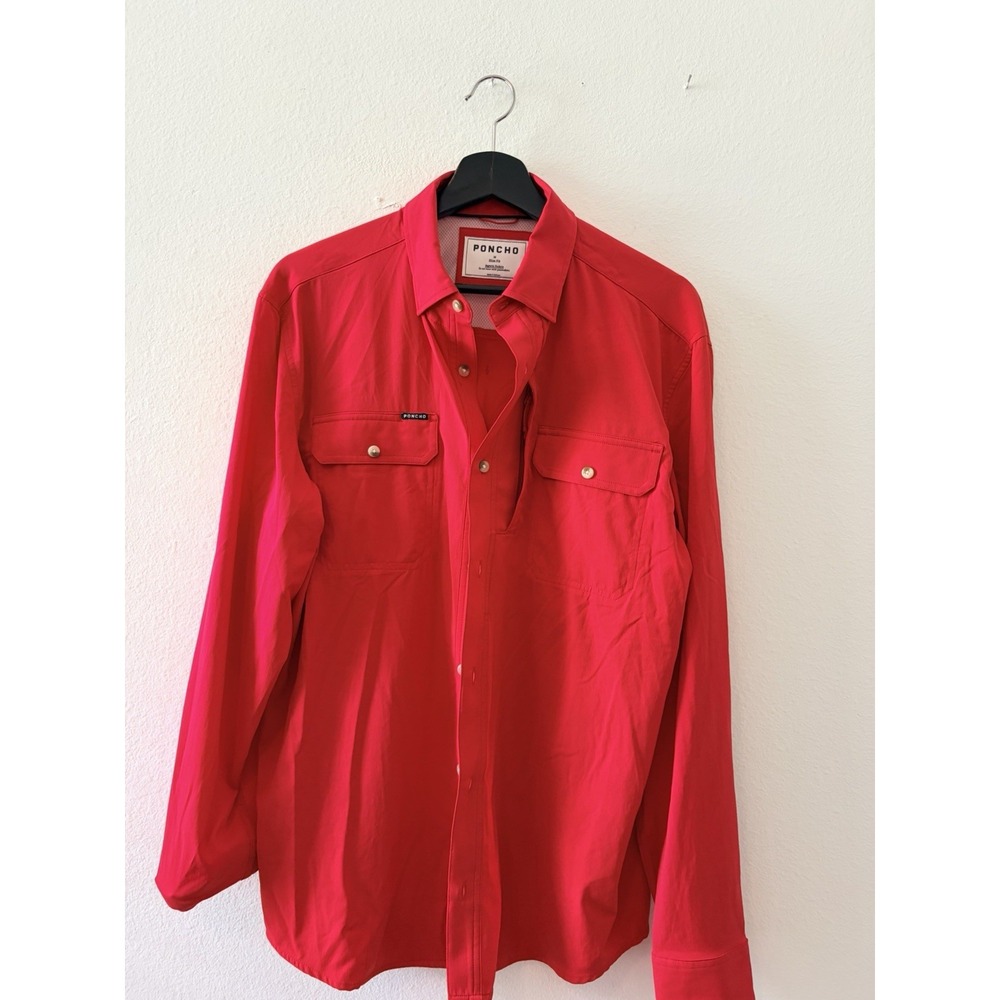 PONCHO Mens Red Long Sleeve Slim Fit Magnetic Pocket Button Down Shirt Size M